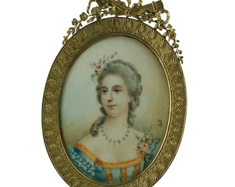 Retrato antiguo en miniatura de una dama, marco de metal dorado estilo Luis XVI, atribuido a Peter Adolf Hall.