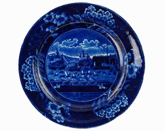 Antique Historical Staffordshire Clews 8.75" Dark Blue Plate "Landing of Gen. La Fayette at Castle Garden New York 16 August 1824"