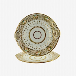 Antique Gilded Double Handled Porcelain Cake Plates with Hand Painted Pink and White Roses, Set of 2, Pattern 2168