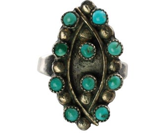 Vintage Zuni Sterling Silver Ring with Snake Eye Turquoise Cabochons and Polished Raindrop Beads, Size 5
