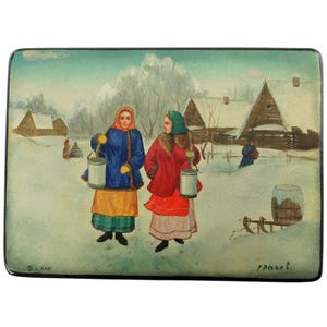 Vintage Hand Painted Soviet Era Fedoskino Russian Lacquer Paper Mache Footed Box after The Rivals by Nikolay Kasatkin with COA