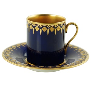 Antique Coalport Jeweled Cobalt Blue Gilt Lined Porcelain Demitasse Cup and Saucer Set Stonier and Co 78 Lord Street Liverpool