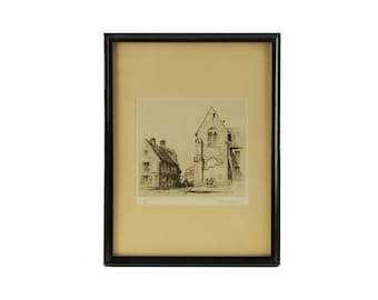 Antyczny ołówek Samuela Chamberlaina, podpisany, edycja limitowana, akwaforta - Place Notre Dame, Senlis