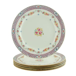 Antique Mintons Lattice and Floral Hand Enameled 10.375" Dinner Plates, Pattern B830, Set of 5, Caldwell and Co Philadelphia
