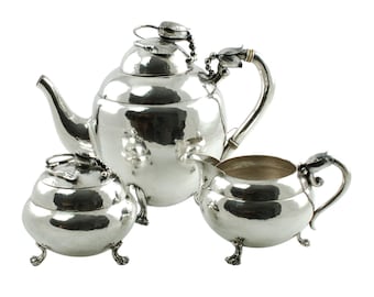Vintage Sterling Silver Art Nouveau Danish Blossom Motif Tea Set, Teapot, Lidded Sugar Bowl and Creamer, 1654.5 Grams