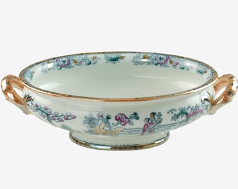 Antique 19th Century Ashworth Polychrome Transferware "Chinese Pattern" Handled Footed Bowl with Lustre Detailing