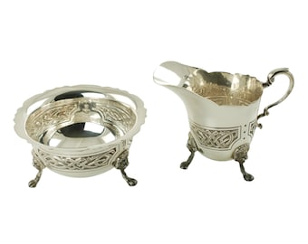 Hopkins & Hopkins - Tarro de crema y azúcar con base de plata esterlina irlandesa vintage con motivo de nudo celta y patas de máscara de león