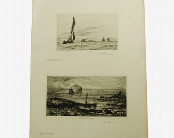 Antique Original George S Ferrier Pencil Signed and Titled Etchings "Ground Swell" and "Bass Rock", Circa 1879