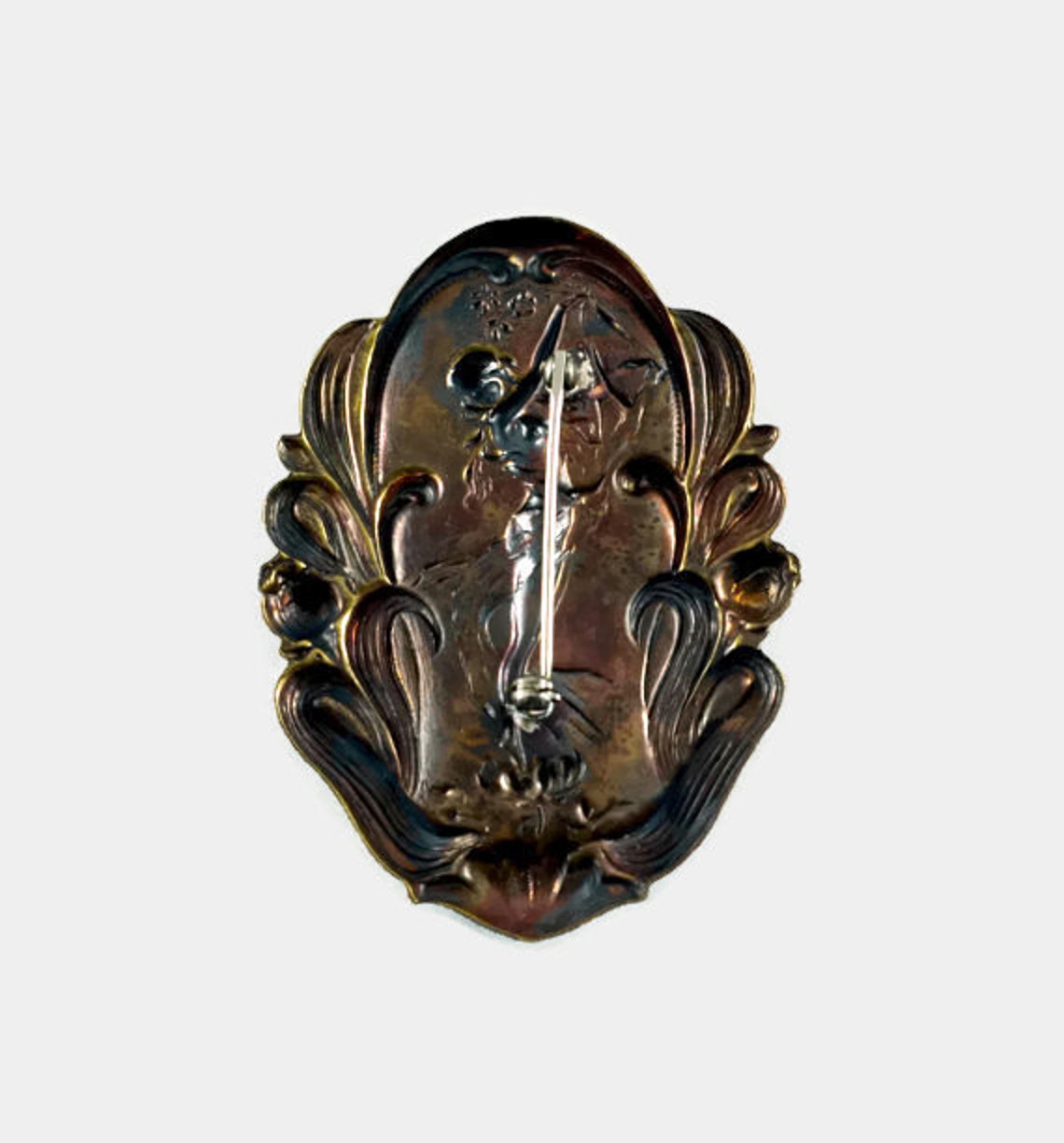 Large Ornate Vintage Art Nouveau Figural Maiden Oval Brooch image 3
