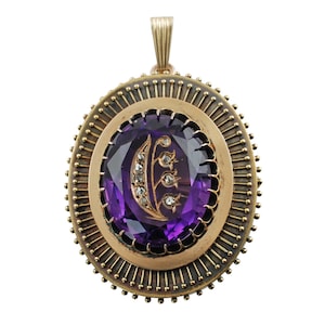 Antique Victorian Carved Amethyst and Rose Cut Diamond Pendant Brooch Gold Plated