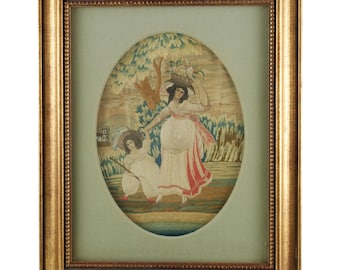Antique Embroidered Silk on Silk Mother and Child Garden Scene with Hand Painted Watercolor Detail Housed under Green Mat in Gilt Wood Frame