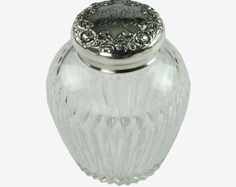 Antique ABP Crystal 4" Tall Dresser Powder Jar with Zipper Cuts and Sterling Silver Floral Repousse Lid