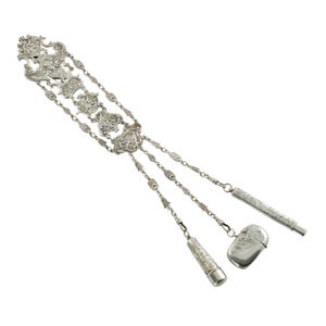 Rare Antique Edwardian Neoclassical Sterling Silver Chatelaine Lawrence Emanuel Circa 1902 with Accessories by Frances Webb and TH Hazelwood