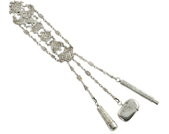 Rare Antique Edwardian Neoclassical Sterling Silver Chatelaine Lawrence Emanuel Circa 1902 with Accessories by Frances Webb and TH Hazelwood