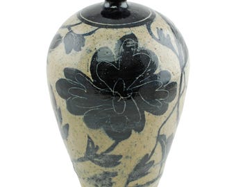 Vintage Marc Ward Sgraffito Salt Glaze Stoneware Bottle Form Vase with Cobalt Blue Floral and Foliate Decoration