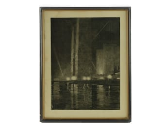 Gerald K. Geerlings Pencil Signed Architectural Etching "Electrical Building at Night", Chicago Society of Etchers, World's Fair Ltd Edition