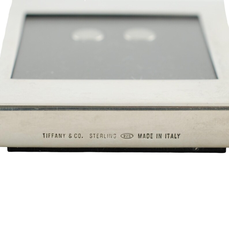 May include: A rectangular, silver-toned jewelry display case. The text "TIFFANY & CO. STERLING 925 MADE IN ITALY" is printed on the front. The case has a reflective, gray interior.