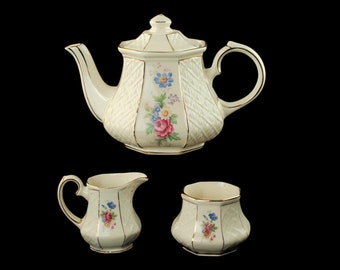 Vintage Sadler England Gilded Floral Embossed Trellis Teapot, Cream Jug and Open Sugar Bowl Set Pattern 3836