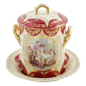 Antique Royal Vienna Style Porcelain Lidded Jelly Jar with Raised Gilt Beaded Decoration and Matching Underplate image 1
