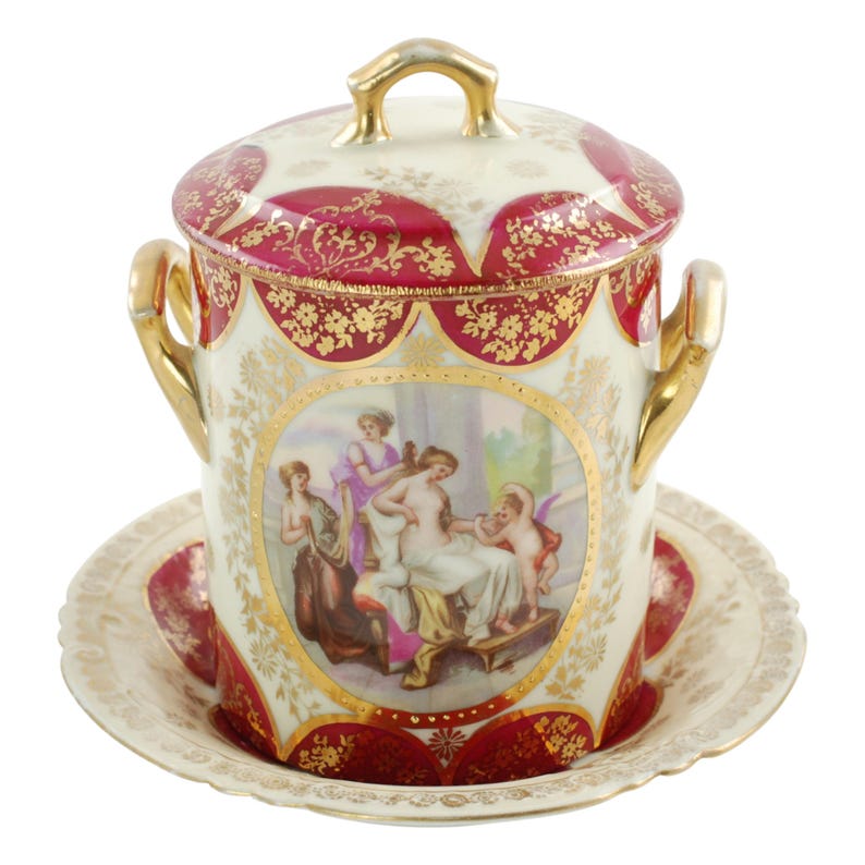 Antique Royal Vienna Style Porcelain Lidded Jelly Jar with Raised Gilt Beaded Decoration and Matching Underplate image 1