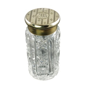 Antique English Cut Crystal Dresser Jar with John Pound & Co Sterling Silver Vermeil Lid, Fleur De Lis Motif with Stripes, Circa 1913