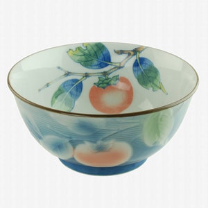 Frutero chino vintage de gres con forma de consola de 20 cm con motivo de melocotón y caqui
