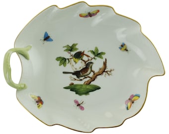 Vintage Herend Leaf Shaped Rothschild Bird Left Handled Dish with Gilt Trim