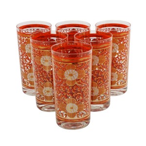 Vintage Georges Briard Imperial Brocade Highballs, Set of Six, Rust and 22K Gold MCM Glassware