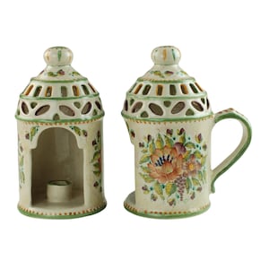 ヴィンテージ ハンドペイント イタリアン マジョリカ 網目模様 円錐形 ランタン キャンドルホルダー ハンドル付き 多色 花と葉のモチーフ