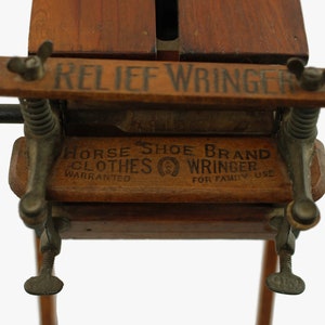 Rare Antique Miniature Wooden Washing Machine, Salesman Sample, Horse Shoe Brand Relief Wringer, Primitive Wooden Washing Machine image 6