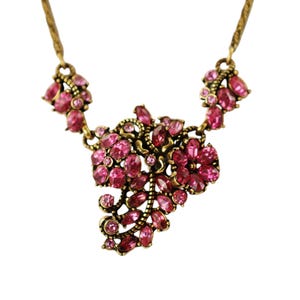 Vintage Signed Hollycraft Pink Rhinestone Necklace Copr 1953 Floral and Foliate Motif