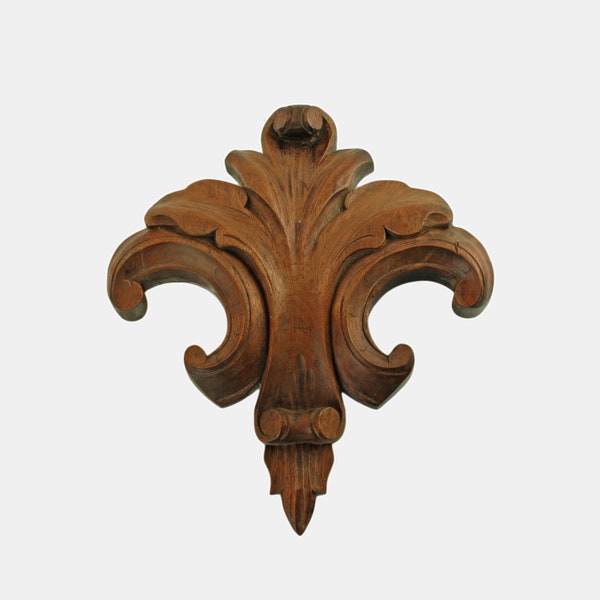 Large Vintage Hand Carved Wood Fleur de Lis Wall Ornament