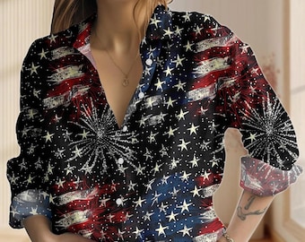 Women's 4th Of July Shirt, USA Flag Firework Linen-Look Shirt, Patriotic Blouse Shirt, US Summer Top, Vintage Independence Day Outfit