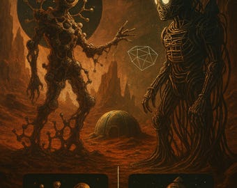 Surreal Sci‑Fi Landscape with Organic and Robotic Figures – Digital Download Wall Art