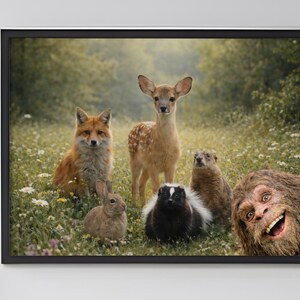 Bigfoot Scrapbook Print – Whimsical Meadow Watch, Woodland Animals (Digital Download)