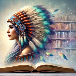 Può includere: Illustrazione digitale di una donna di profilo con un copricapo nativo americano vibrante con piume blu, arancioni e turchesi. L'immagine include un libro aperto, una libreria e un'atmosfera onirica con effetti scintillanti.