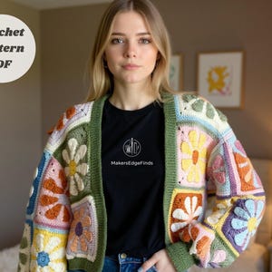 Mystery Crochet: Grandma Square Strickjacke-Muster Retro Daisy Jacke (PDF-Häkelanleitung)
