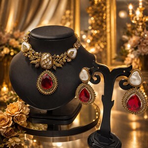 Może przedstawiać: Złoty naszyjnik i pasujący zestaw kolczyków. Naszyjnik ma białe i złote akcenty z dużą czerwoną zawieszką w kształcie łzy. Kolczyki odzwierciedlają wzór zawieszki. Biżuteria jest prezentowana na czarnych stojakach.