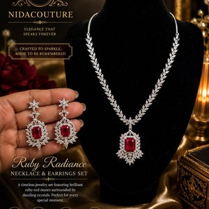 Luxury Ruby Red Crystal Jewelry Set | Silver Statement Necklace & Earrings | Bridal Wedding Jewelry | Elegant Red Gemstone Necklace | Gift f