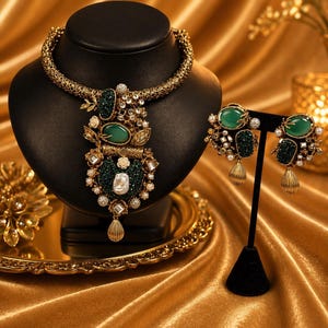 May include: A gold-toned necklace and earring set displayed on black stands. The necklace features a large pendant with green gemstones, pearls, and clear crystals. The earrings have matching green stones and dangling gold accents. The jewelry sits on a gold-colored fabric.