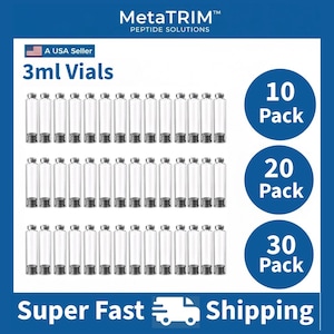 May include: Clear 3ml vials with silver caps are displayed in rows. The image includes text that reads "MetaTRIM Peptide Solutions" and "A USA Seller." The image also shows options for 10, 20, and 30 packs.