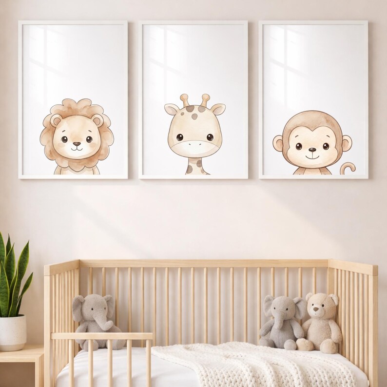 Safari Nursery Wall Art Set, Watercolor Baby Animals, Neutral Jungle ...