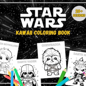 May include: A Star Wars Kawaii Coloring Book with 20+ designs. The cover features the Star Wars logo and the title. Inside are coloring pages of characters like Anakin Skywalker, Chewbacca, and Darth Maul. Colored pencils are scattered around the pages.