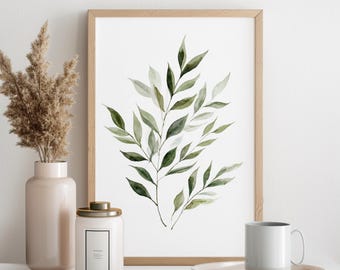Green Leaf Watercolor Print | Minimalist Botanical Art (Digital Download)