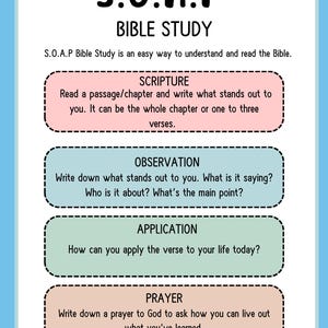 May include: A white informational card with a light blue border titled S.O.A.P BIBLE STUDY. It outlines four steps: SCRIPTURE in a pink box, OBSERVATION in a blue box, APPLICATION in a green box, and PRAYER in a tan box, each with instructions.