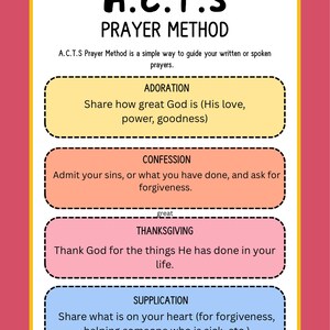 Puede incluir: Guía del método de oración A.C.T.S. La imagen presenta un gráfico con bordes amarillos sobre un fondo rosa. El gráfico enumera el método de oración A.C.T.S: Adoración, Confesión, Acción de Gracias y Súplica. Cada sección tiene una breve descripción.