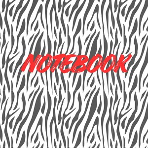 Puede incluir: Un cuaderno con un patrón de rayas de cebra en blanco y negro. La palabra "NOTEBOOK" está escrita en rojo en el centro de la portada. El cuaderno tiene un diseño sencillo y llamativo.