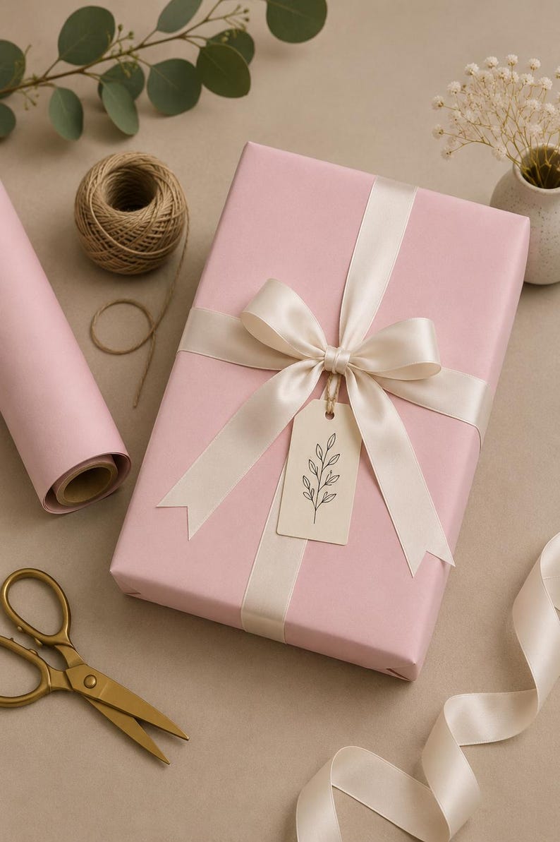 May include: A wrapped gift in pink paper with a cream-colored ribbon and bow. A small tag with a botanical illustration hangs from the bow. Gold scissors, a roll of pink paper, and twine are also visible.