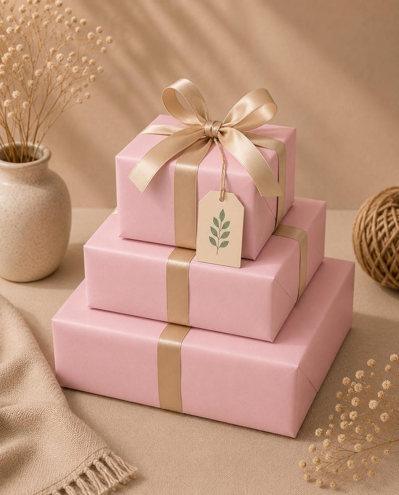 May include: Three stacked pink gift boxes with gold ribbon and bows. A small tag with a green leaf design hangs from the top box. The boxes are on a neutral surface with a vase of dried flowers and a ball of twine.