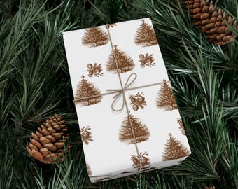 Christmas Tree Wrapping Paper, Brown Sketch Holiday Gift Wrap Roll, Rustic Minimalist Xmas Packaging